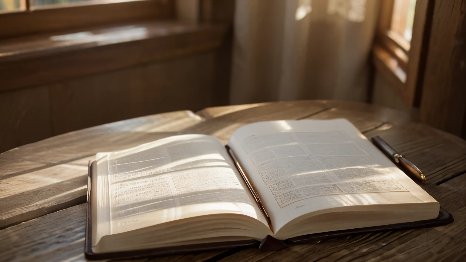 A beautifully detailed notebook on a wooden table, sunlight streaming through a window, shallow depth of field, warm lighting, intricate textures, photorealistic, award winning photograph