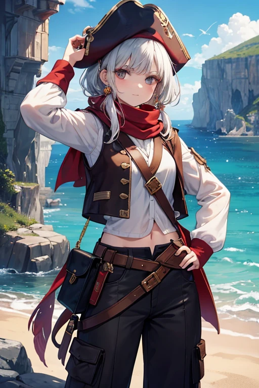 a cunning pirate from the Marinthia Archipelago, known for her charm and navigational skills Ayla wears a white linen shirt, with wide, loose sleeves, and a dark brown leather vest, well adjusted to the body, with multiple pockets and compartments to store your pirate utensils. detaileds: She wears a black belt around her waist, where hang a variety of knives and a small pistol. Your pants are made of tough leather, and she wears high boots, ideal for navigation and combat. Para completar o visual, Ayla wears a tricorn hat adorned with colorful feathers and a red scarf tied around her neck.. Her look is accentuated by slightly dark makeup and a bold look..