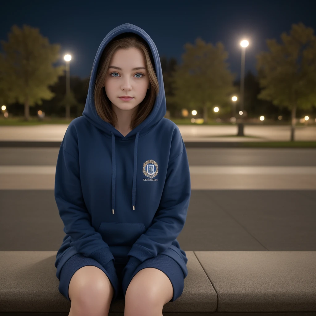 (((close up high definition))), a very calm beautiful aged pale school girls, wearing dark blue hoodie, sitting City Park environment, beautiful, night