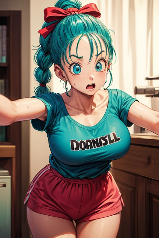 masterpiece, Highest quality, Unreal Engine, Super Resolution, Very detailed,
Beautiful woman, Bloomers, One Girl, alone, blue eyes, Blue Hair, Aqua Hair, Single Blade, Braided Ponytail, Hair Ribbon, Red ribbon, Hair Ribbon, Earrings, Vivid expression, Healthy Body, Beautifully detailed sweat glands, Smooth skin texture, Carefully drawn,
(humidity:1.2), Beautiful Eyes, (Attractive face:1.2), (Beautiful Skin), (Big Breasts), Puffy nipples, (Sticky with sweat), In a dynamic pose,
In the world of Dragon Ball, Capsule Corporation,