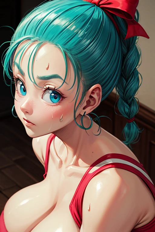 masterpiece, Highest quality, Unreal Engine, Super Resolution, Very detailed,
Beautiful woman, Bloomers, One Girl, alone, blue eyes, Blue Hair, Aqua Hair, Single Blade, Braided Ponytail, Hair Ribbon, Red ribbon, Hair Ribbon, Earrings, Vivid expression, Healthy Body, Beautifully detailed sweat glands, Smooth skin texture, Carefully drawn,
(humidity:1.2), Beautiful Eyes, (Attractive face:1.2), (Beautiful Skin), (Big Breasts), Puffy nipples, (Sticky with sweat), In a dynamic pose,
In the world of Dragon Ball, Capsule Corporation,