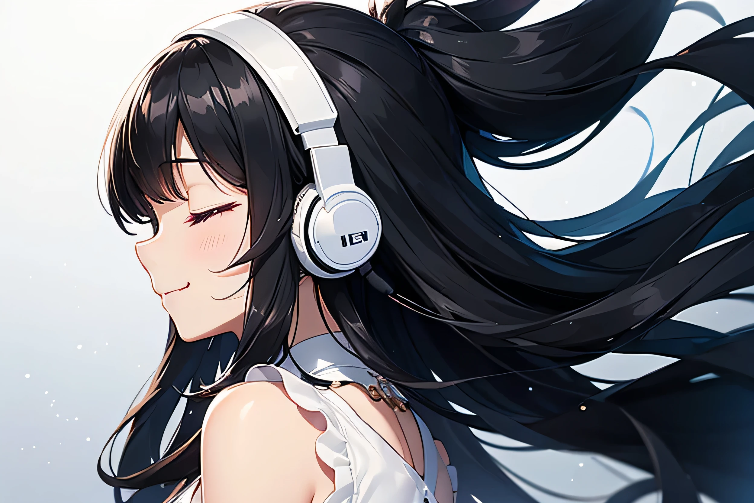 Girl、Long Black Hair、Gentle smile、Eyes closed、Mouth closed、White dress、profile、headphone