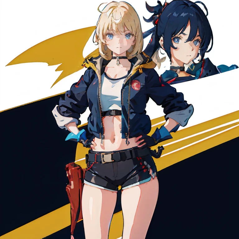 Anime Kawaii sexy Perfect Slim sensual body large breast and huge thighs, An intricate and highly detailed illustration of anime (Young girl) Blonde girl sf6, black sports well, choker, 1 girl, standing alone, clothes open, black pants, looking ahead at viewer, へそ, abdomen, White background, blue colored eyes, scar on the face, red gloves, scar on cheek, muscular, antenna hair, hand on hip, black choker, open jacket, cropped jacket, thick-thighs grossas, hair blonde, gloves fingerless, sports well, shorth hair, thick-thighs,  muscular female, tummy, Blue jacket, (((standing backwards))), big-ass, focus on the ass