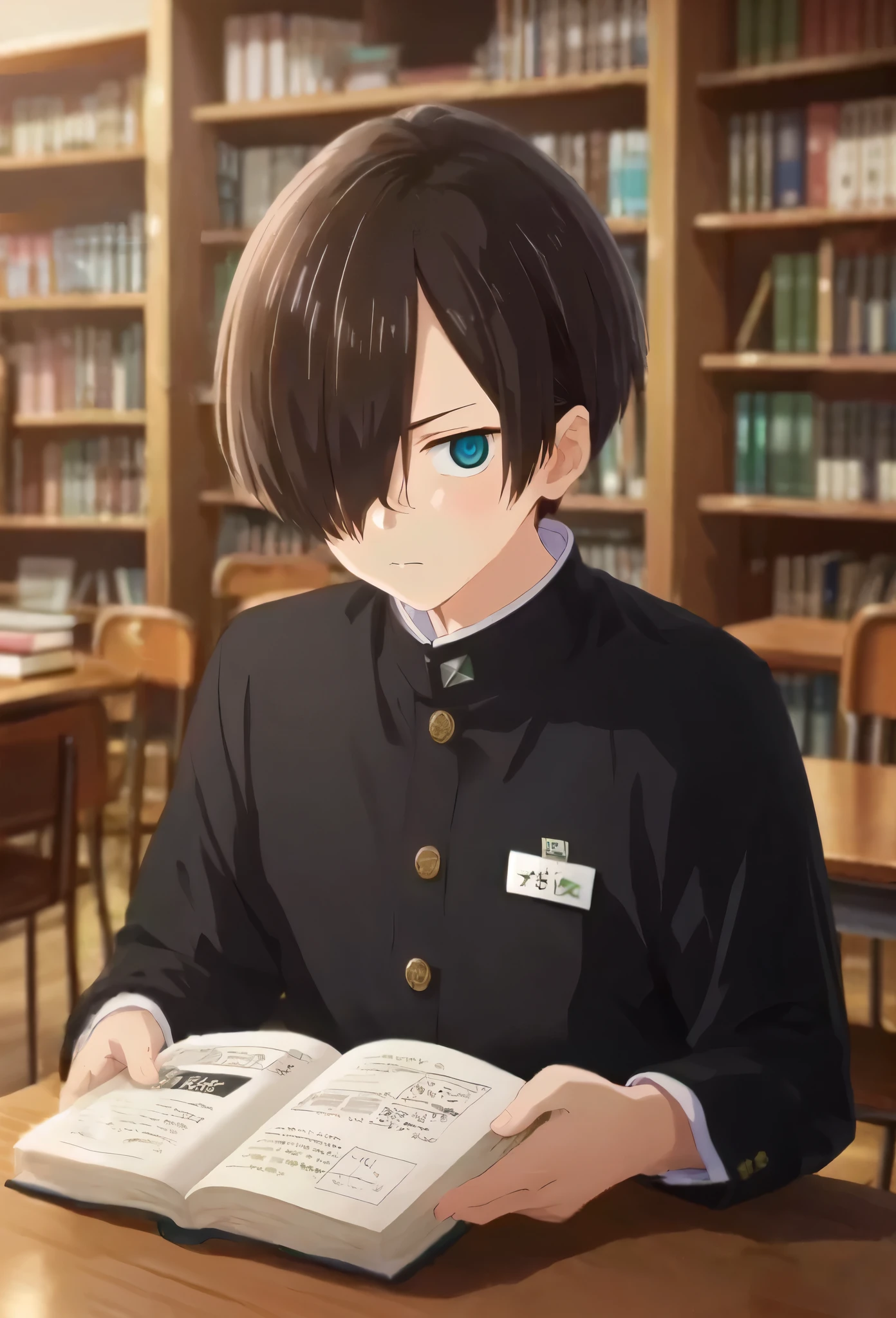 source anime, complex parts, (realistic:0.6), looking at the viewer, depth of field, 1 boy, male, focus, Kyotaro_Itikawa, Brown hair, Blue eyes, short hair, hair over one eye, bang, Science fiction, the action takes place in the library, the character is sitting at the table, holding a book with both hands, traditional clothes of a Japanese boy with gold buttons, small green and white emblem on the collar, white name tag on the chest, black shirt, mouth, detailed, sullen expression