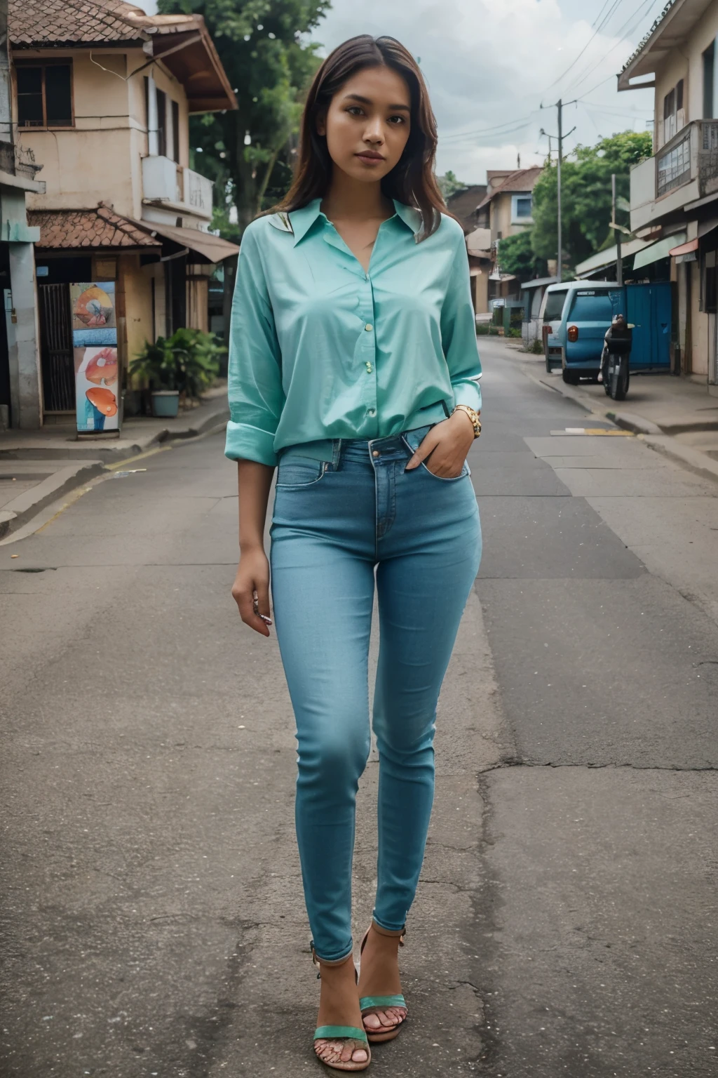 25 years old, a beautiful girl, an indonesian, light sky green blouse, old blue skinny jeans, with sandal, standing, beauty, photorealistic, street, likely, loveable, 8k, perspective