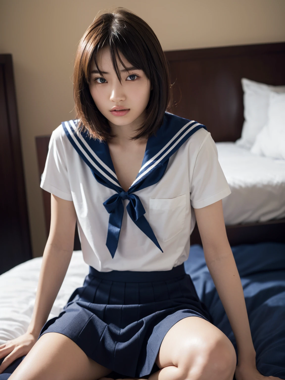 (masterpiece:1.2), Very detailed, Ultra-high resolution, (Realistic, photo Realistic:1.6), High-resolution RAW color photos, Professional photos, Sharp focus:1.2, (Very detailed顔と肌の質感, Very beautiful eyes, Glossのある肌, Glowing Skin, Glowing Skin, Shining Face, Gloss, Oily skin, greasy face, Oily skin, greasy face,),, (real Glossのある肌 texture), Perfect Anatomy, Very detailed背景,((Hotel Bed)), (1 female),25-year-old woman, Japanese women,Height: 160cm,(short hair, Straight hair, bangs, Brown Hair),(Flat Chest:1.6), (((Japanese high school girls uniform,Sailor suit,Knee-length skirt)))