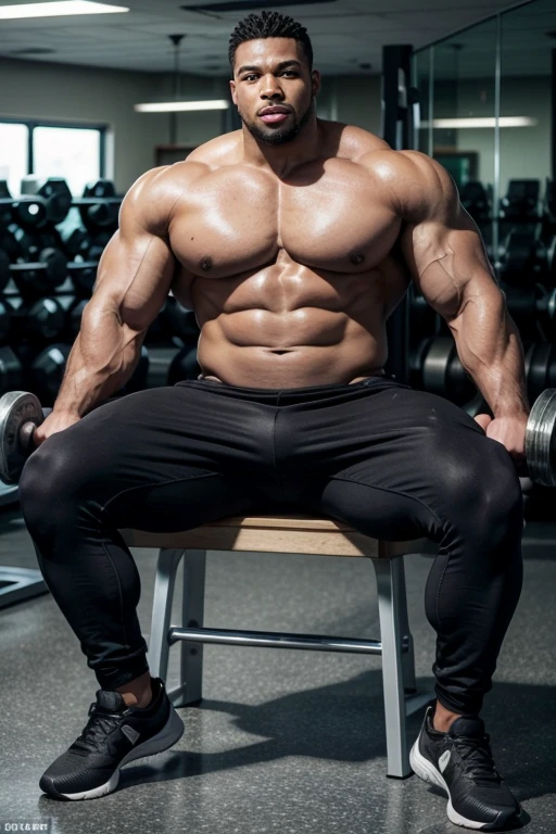 black male, colossal body, extremely strong muscles, in pants, with dumbbells weighing 100 kilos