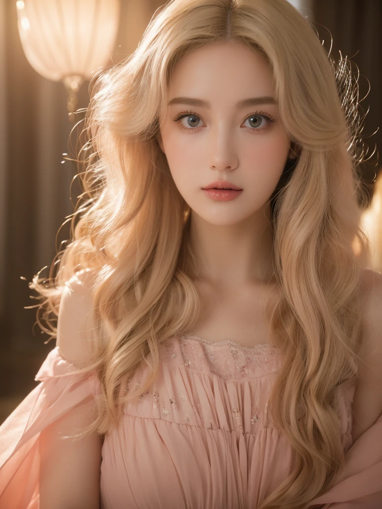 (close up of a beautiful 26 year old girl in a light pink vintage dress), movie stock photos, camera f1. 6, saturated colors, Vibrant, lifelike textures, Impressive classic lighting, Modern style, sexy full body photo, Evening, Curly hair has just been dyed light blonde