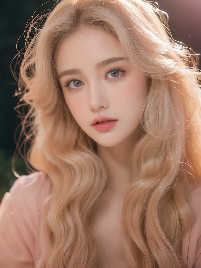 (close up of a beautiful 26 year old girl in a light pink vintage dress), movie stock photos, camera f1. 6, saturated colors, Vibrant, lifelike textures, Impressive classic lighting, Modern style, sexy full body photo, Evening, Curly hair has just been dyed light blonde