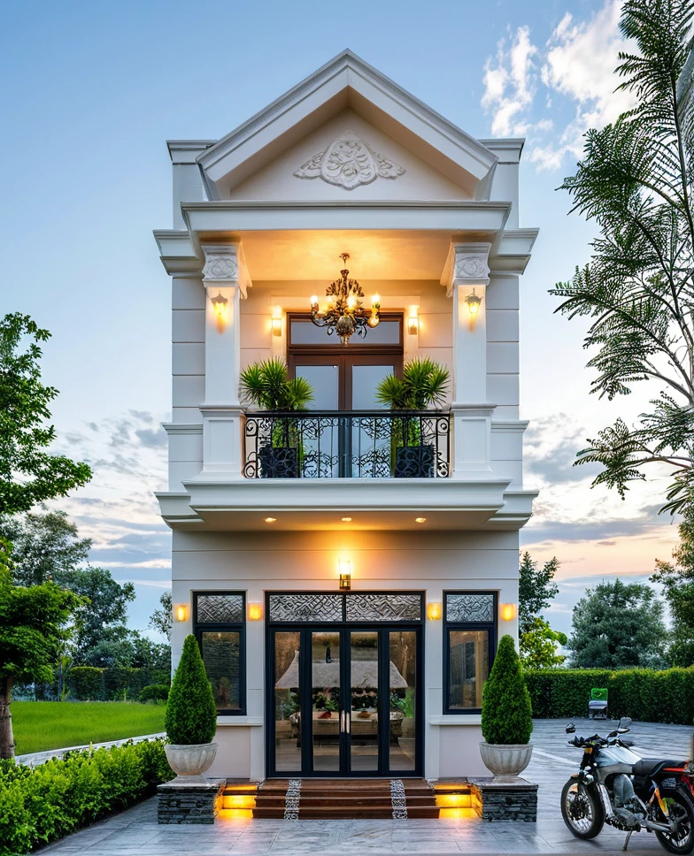 Masterpiece, high-end, best quality, authentic, super detailed, outdoor, aiaigroup, modern 2-storey townhouse, stairs, white walls combined with wood, wind encaustic tiles, iron gate, flowers , path, summer evening, grass, trees, sky, clouds, (daylight: 1.1)