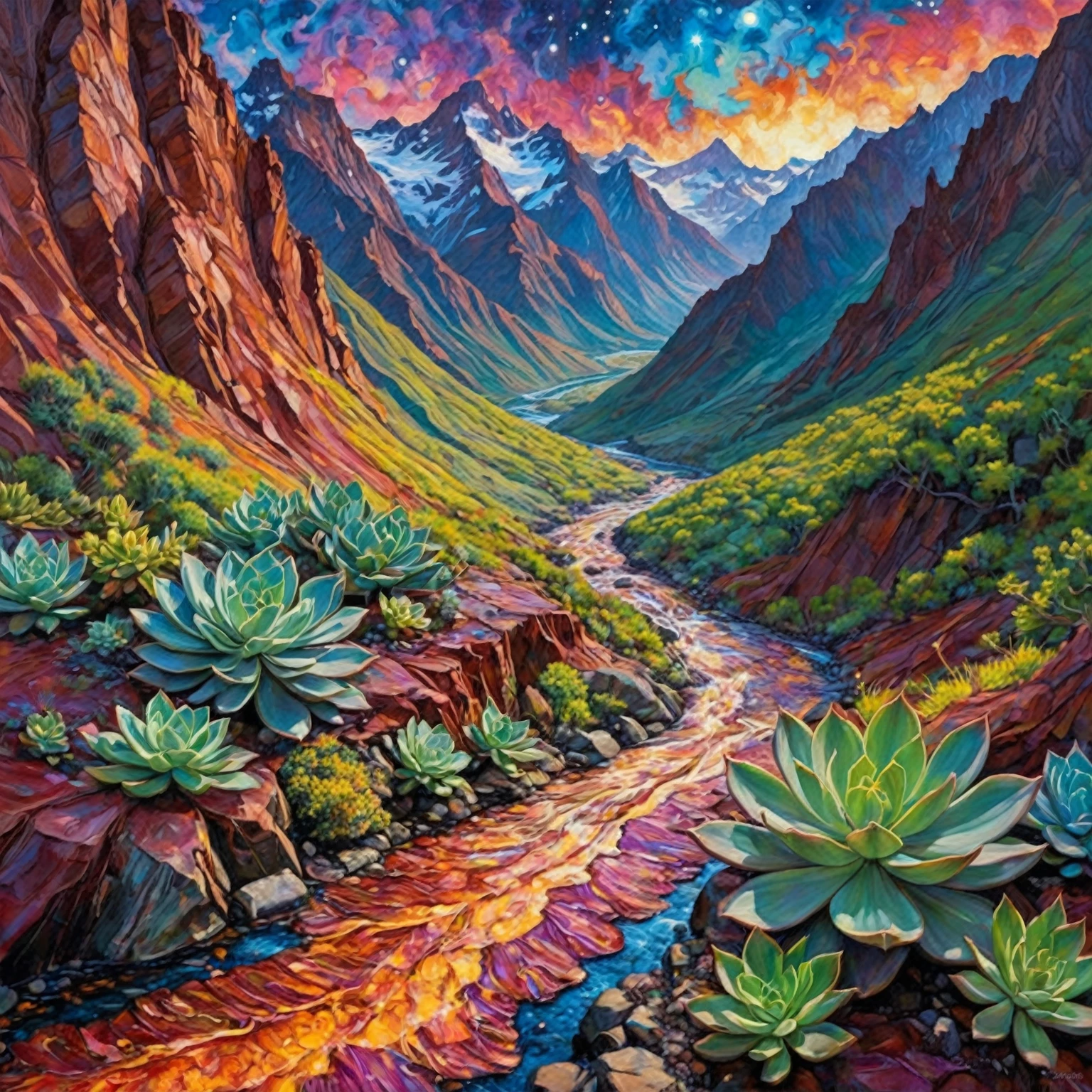 a painting of a mountain stream running through a valley, detailed 4 k oil painting, by Don Reichert, detailed dreamscape, 2 0 2 1 award winning painting, 2021 award winning painting, psychedelic landscape, mysterious canyon streams, by Jason Benjamin, 2 0 2 0 award winning painting, highly detailed 4 k painting, inspired by the Brothers Hildebrandt