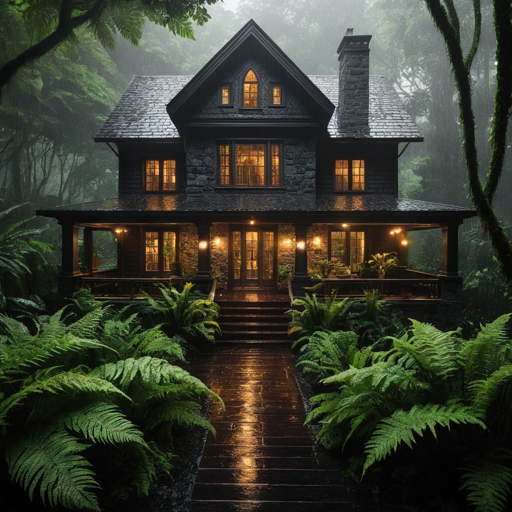 A captivating image of a dark, enchanting wooden house nestled in a lush forest during a rainstorm. The house features intricate architectural details, with warm lights glowing from the windows, casting a cozy ambiance against the moody backdrop. Surrounding the house are rich green ferns and plants, with a wet stone path leading to the entrance. The scene is shrouded in mist, creating a mystical atmosphere, captured in ultra-realistic detail, emphasizing the contrast between the warm interior light and the cool, rainy exterior.