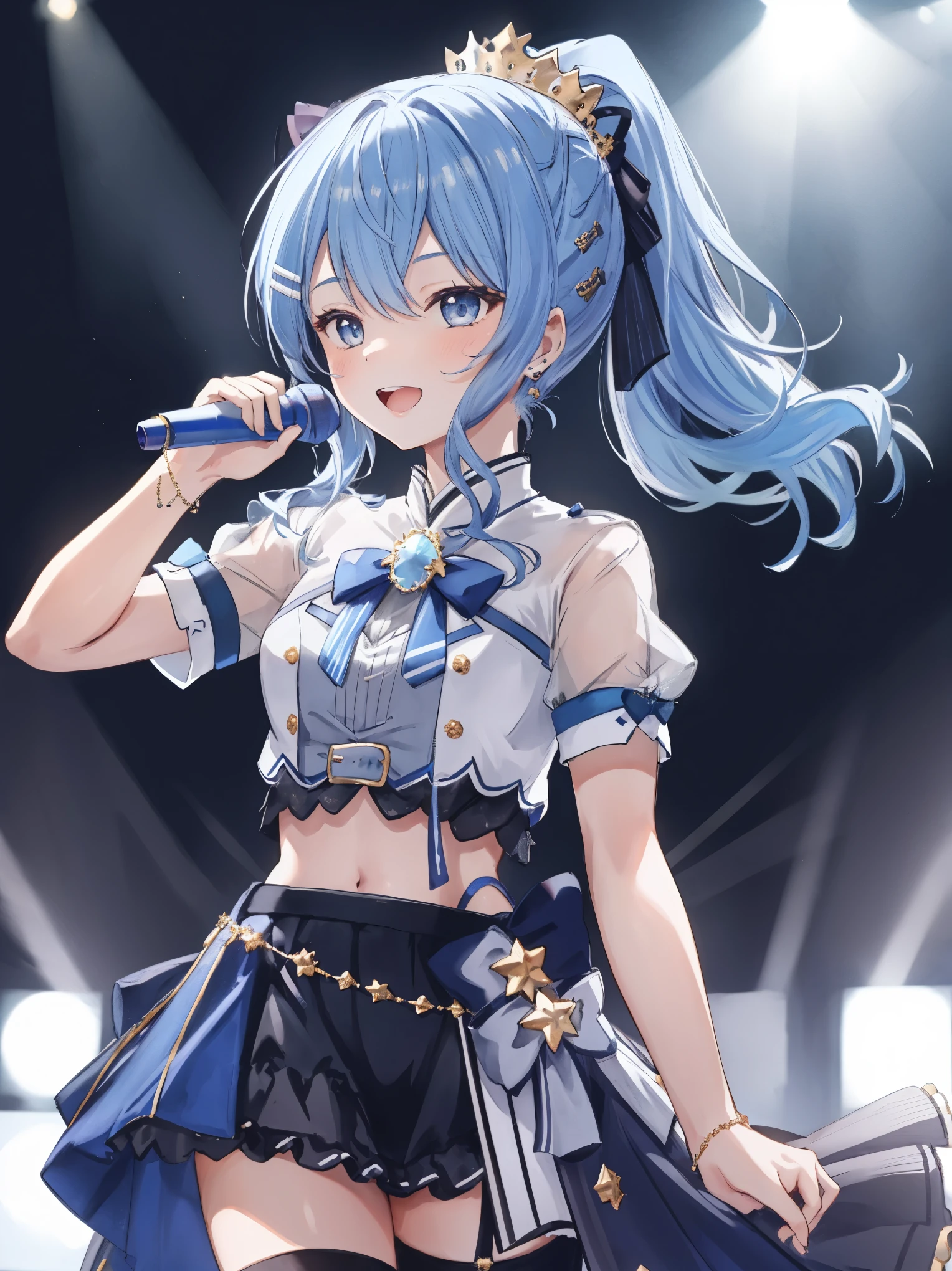 masterpiece, best quality, absurdres, 1girl, solo, Hoshimachi Suisei, light blue hair, blue eyes, happy, smile, parted lips, cowboy shot, sidelocks, ponytail, toned, 
idol, idol clothes, hololive idol uniform, bowtie, blue skirt, brooch, dress, concert, on stage, frilled skirt, jewelry, layered dress, short sleeves, tiara, midriff, thighhighs(,shout:1.5),.(open_mouth:1.3),singing,(angry:0.6), (glare:0.6), idle_live,audience_landscape,light up_girl,solo,shiny_effects,smile。joy,happy,