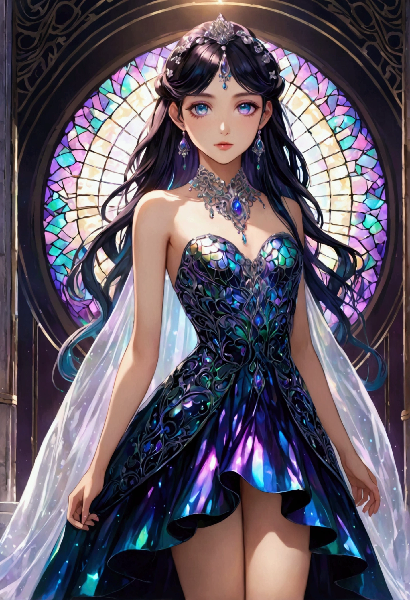 dark iridescent hair, iridescent eyes,perfect 18 year old body, elegant dress,detailed hair, detailed face,full view,best quality, high resolution, 8k