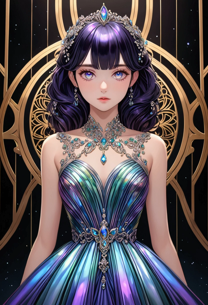 dark iridescent hair, iridescent eyes,perfect 18 year old body, elegant dress,detailed hair, detailed face,full view,best quality, high resolution, 8k
