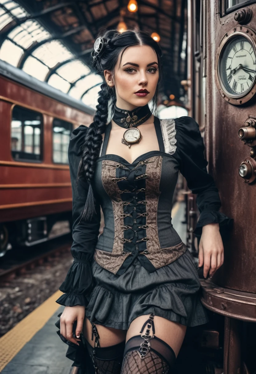 (Realisttic:1.2), analog photo style, faded color, Beautiful woman, posing, with freckles and long black hair braided, (steampunk dark fantasy atmosphere), she is wearing victorian dres and seamed stockings, soft natural light, cute and sexy, great quality, wear a cute Strampunkdress and looks at you, steampunkroom, Masterpiece, detailed strange background, better performance, 16k quality, HDR, RAW photo, Steampunk Train Station, Steampunk Train