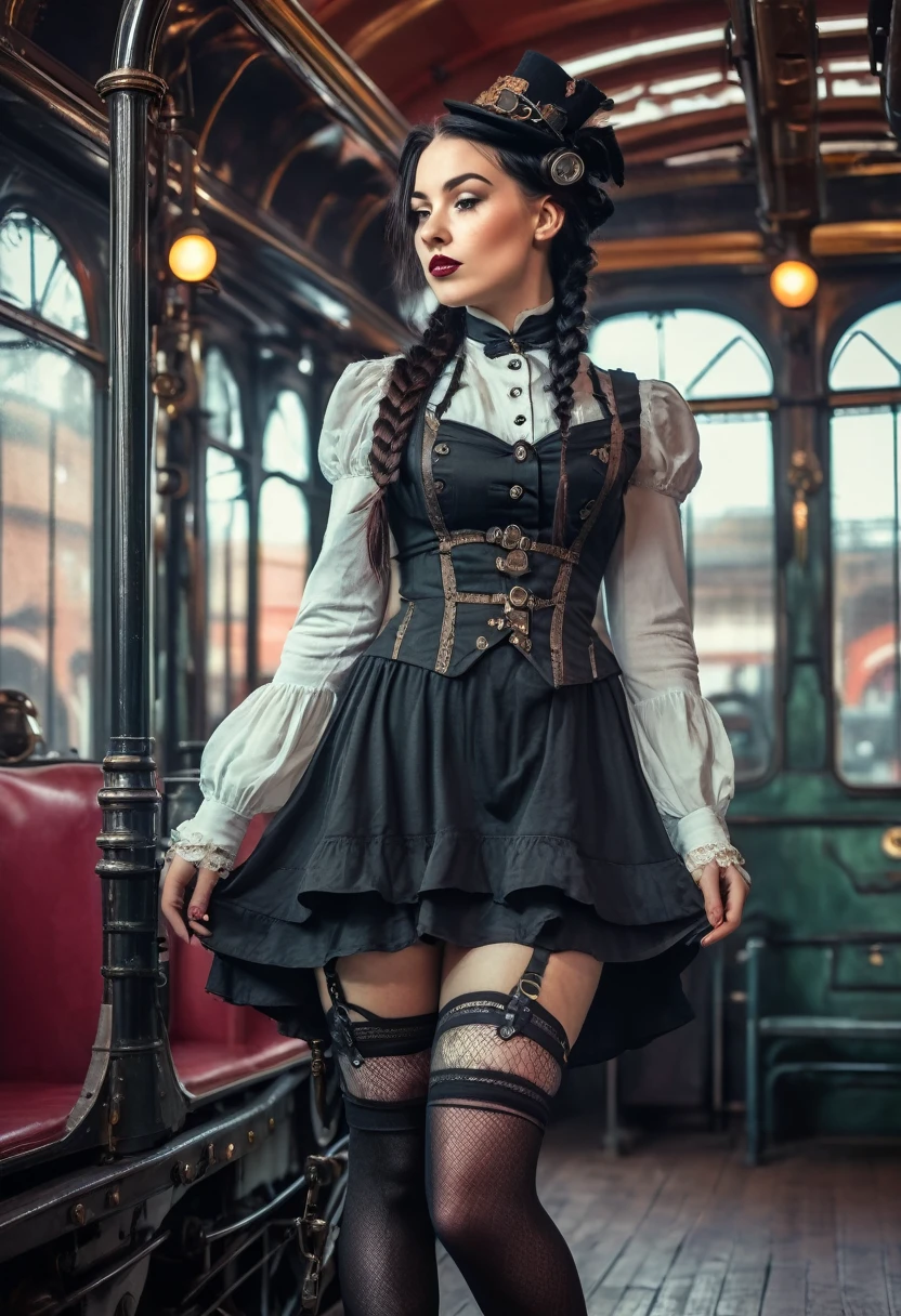 (Realisttic:1.2), analog photo style, faded color, Beautiful woman, posing, with freckles and long black hair braided, (steampunk dark fantasy atmosphere), she is wearing victorian dres and seamed stockings, soft natural light, cute and sexy, great quality, wear a cute Strampunkdress and looks at you, steampunkroom, Masterpiece, detailed strange background, better performance, 16k quality, HDR, RAW photo, Steampunk Train Station, Steampunk Train
