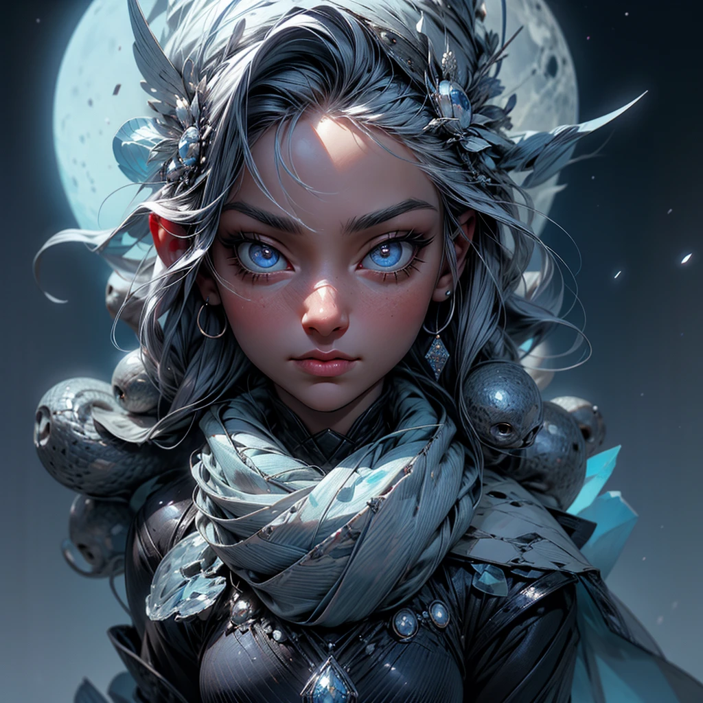 (best quality, highres, ice skull:1.1), ice skull, girl style, thick body art, detailed facial features, icy blue eyes, glossy lips, long eyelashes, porcelain skin, blue and silver color scheme, intricate skull design, realistic texture, vibrant colors, elaborate background, mysterious atmosphere, frozen garden, snow-covered trees, sparkling ice crystals, surreal lighting, fantasy elements
