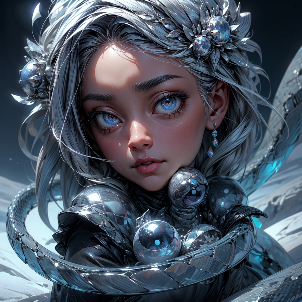Arafed, high detail, Best quality, 16 thousand., [Ultra detailed], masterpiece, Best quality, (extremely detailed), Close-up of the face, RAW, photorealistic, highly enlarged image (1) Ice Snake Eye of the Frozen Devil, ice shards of frost on eyelashes, Light blue iris, full white moon,, round moon reflected in the iris, 3D rendering, [[Anatomically correct]]