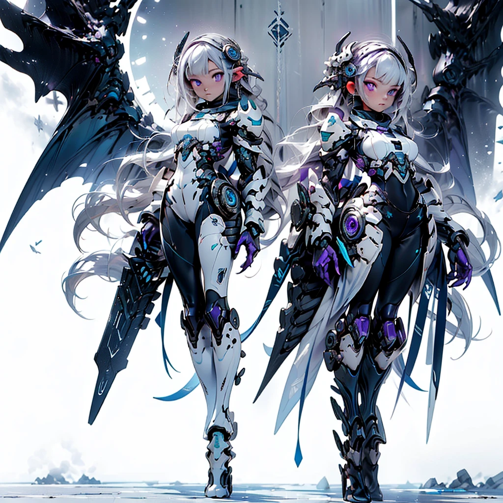 ((Best Quality)), ((Masterpiece)), ((Realistic)) slender, cute girl with medium-length white hair and vibrant purple eyes. She wears a tight-fitting, sleek suit with high-tech boots and chestplates. The outfit includes matching vambraces, all in a futuristic, high-tech design. She wields a high-tech sword, adorned with glowing lights along the blade and hilt. The girl's expression is calm and focused, complementing her stylish, advanced gear.