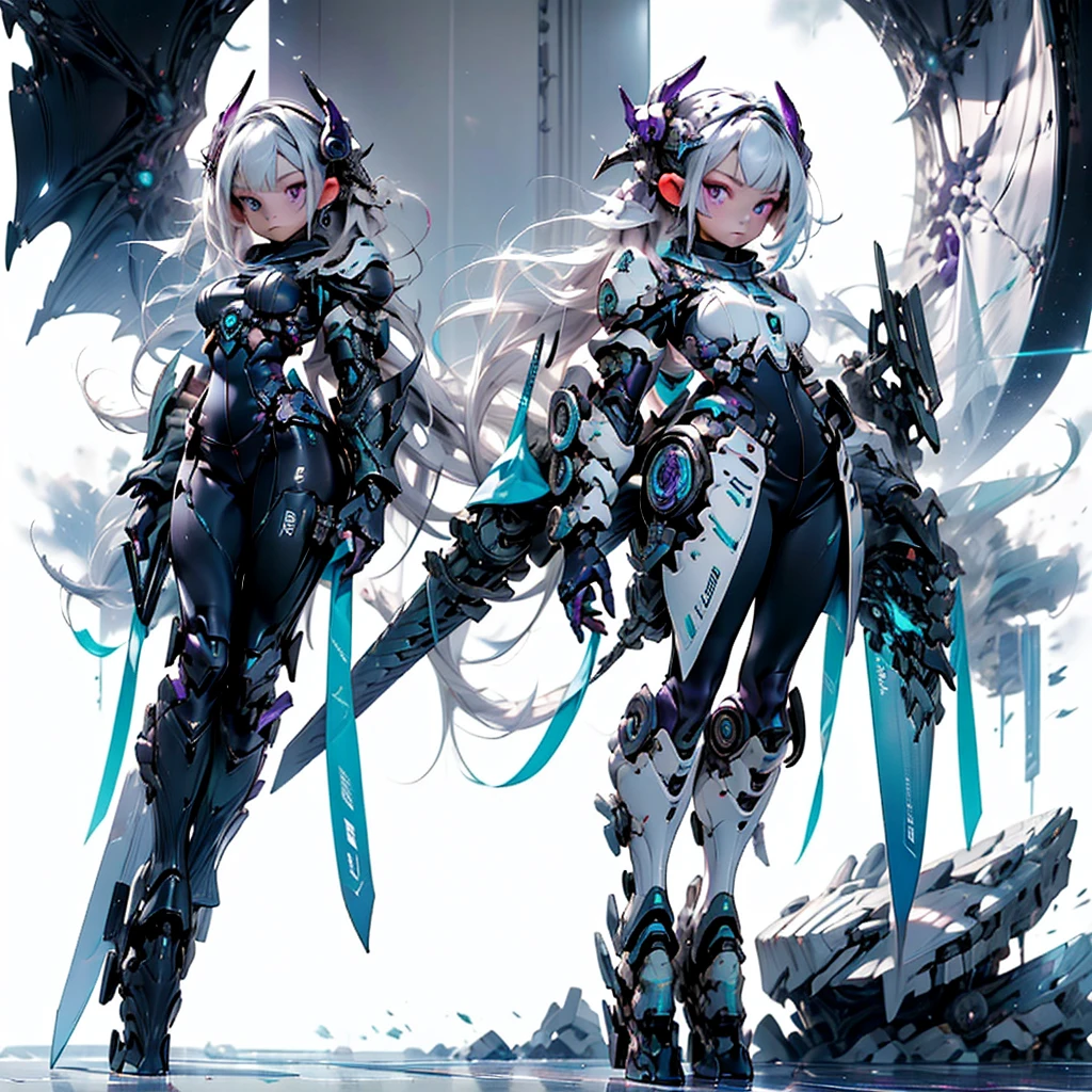 ((Best Quality)), ((Masterpiece)), ((Realistic)) slender, cute girl with medium-length white hair and vibrant purple eyes. She wears a tight-fitting, sleek suit with high-tech boots and chestplates. The outfit includes matching vambraces, all in a futuristic, high-tech design. She wields a high-tech sword, adorned with glowing lights along the blade and hilt. The girl's expression is calm and focused, complementing her stylish, advanced gear.