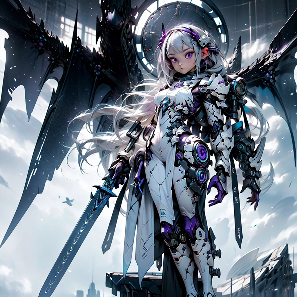 ((Best Quality)), ((Masterpiece)), ((Realistic)) slender, cute girl with medium-length white hair and vibrant purple eyes. She wears a tight-fitting, sleek suit with high-tech boots and chestplates. The outfit includes matching vambraces, all in a futuristic, high-tech design. She wields a high-tech sword, adorned with glowing lights along the blade and hilt. The girl's expression is calm and focused, complementing her stylish, advanced gear.