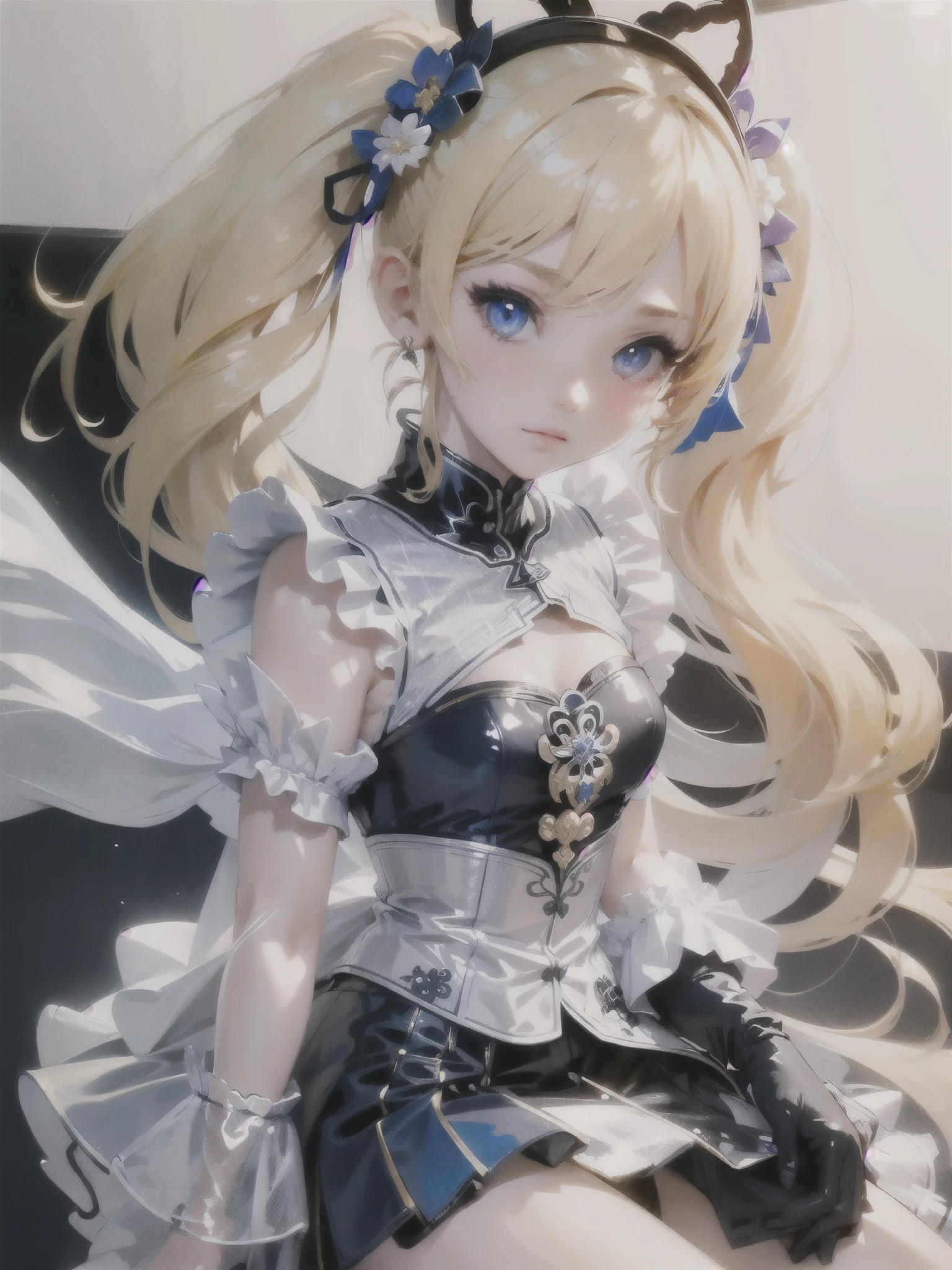 hair ornament, extreme details, twintails, masterpiece, genshin_impact,blue_eyes,blonde_hair,barbara \(genshin impact\)