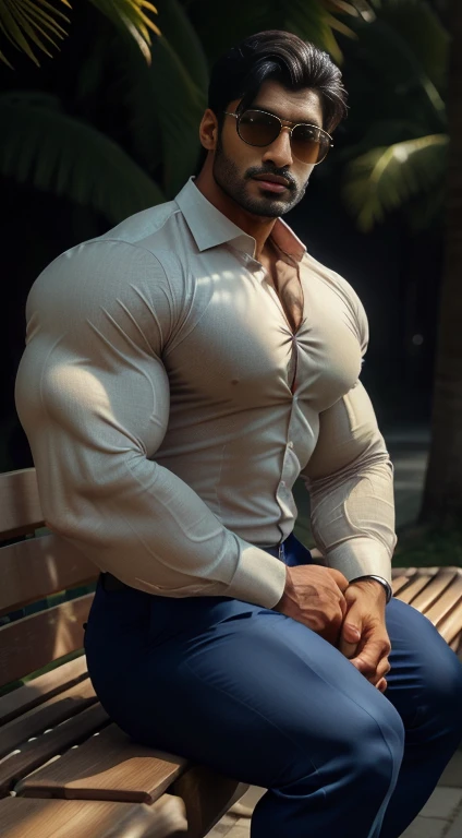 An award-winning original photo, little smiled, dimples, a wild handsome muscular indian man,(25 years old:1.3), 1boy in one photo, Solo, (looking in camera), (formal shirt with folded cuffs and opened top four buttons with formal trouser), talking on mobile, sitting on bench with spread legs in sunlight, sunglasses, from side view, black hair, (big shoulders), musculature, stubbles, Beautiful eyes:1.3, ), (Detailed face:1.3), dimples, (holded penis), Dynamic front Angle view, volumetric lighting, (Best quality, A high resolution, Photorealistic), Cinematic lighting, Masterpiece, RAW photo, Intricate details, hdr, depth of field, upper body, His perfect huge bulge,masterpieces