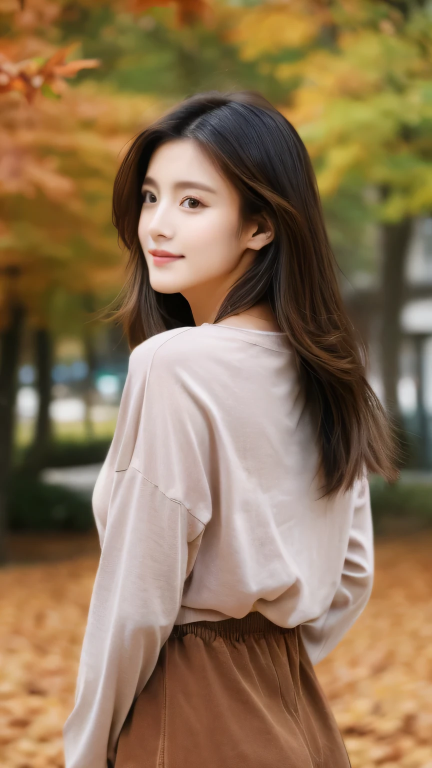 high resolution、Japanese women、beautiful、cute、Brown long hair hairstyle、Small face、肌がbeautiful、Large breasts、Reality Stick、noon、autumn、、outside、Black long sleeve shirt, T-shirt and skirt