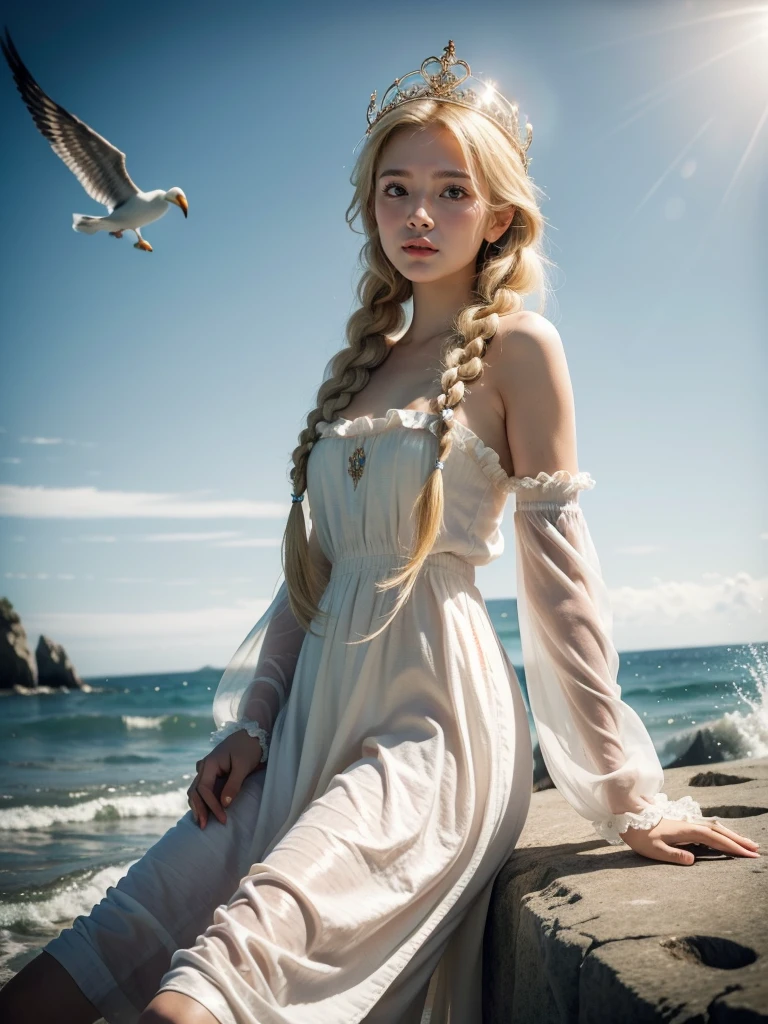 ,((best quality best))),8k,((masterpiece)),(very delicately beautiful), There was a girl coming out of the sea, Swan princess in Russian mythology, beautiful and calm face, eblue eyes, braided long blonde hair, Moon pigtails on the back of the head, Shiny white old clothes from Russia,wearing a Kokosnik crown, friendly expression, half smile, The face has a gentle expression, With seascape and sunlight in the background, Seagulls in the sky, total length, hentale realism