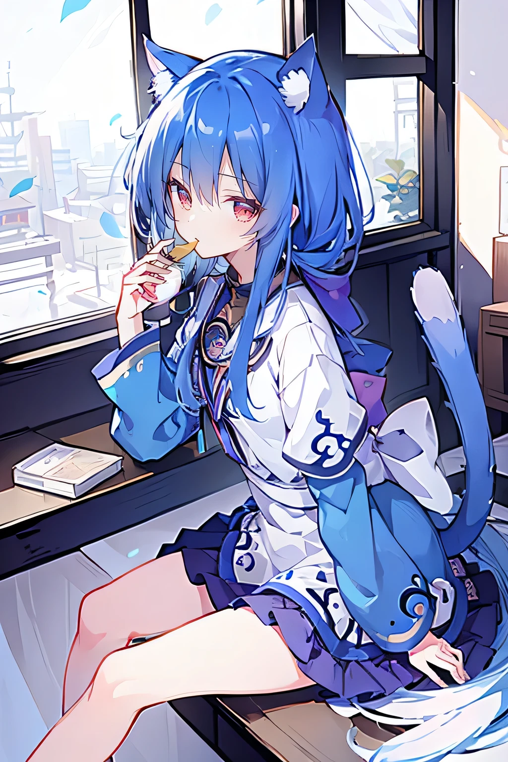 (Masterpiece:1.2),Ultra-detailed,lifelike,The eyes are expressive,Fair skin,Perfect face shape,1 girl,
Japanese Manga,Gorgeous blue hair,Flowing blue hair,Flowing clothes,Cat ears,Petals falling,Beautiful Lola,little angel,
Cross your legs,Gentle and peaceful background,Smile,Wearing a sweatshirt,Tokyo background,background,heavy snow,冬天 on window sill drinking coffee and looking out the window