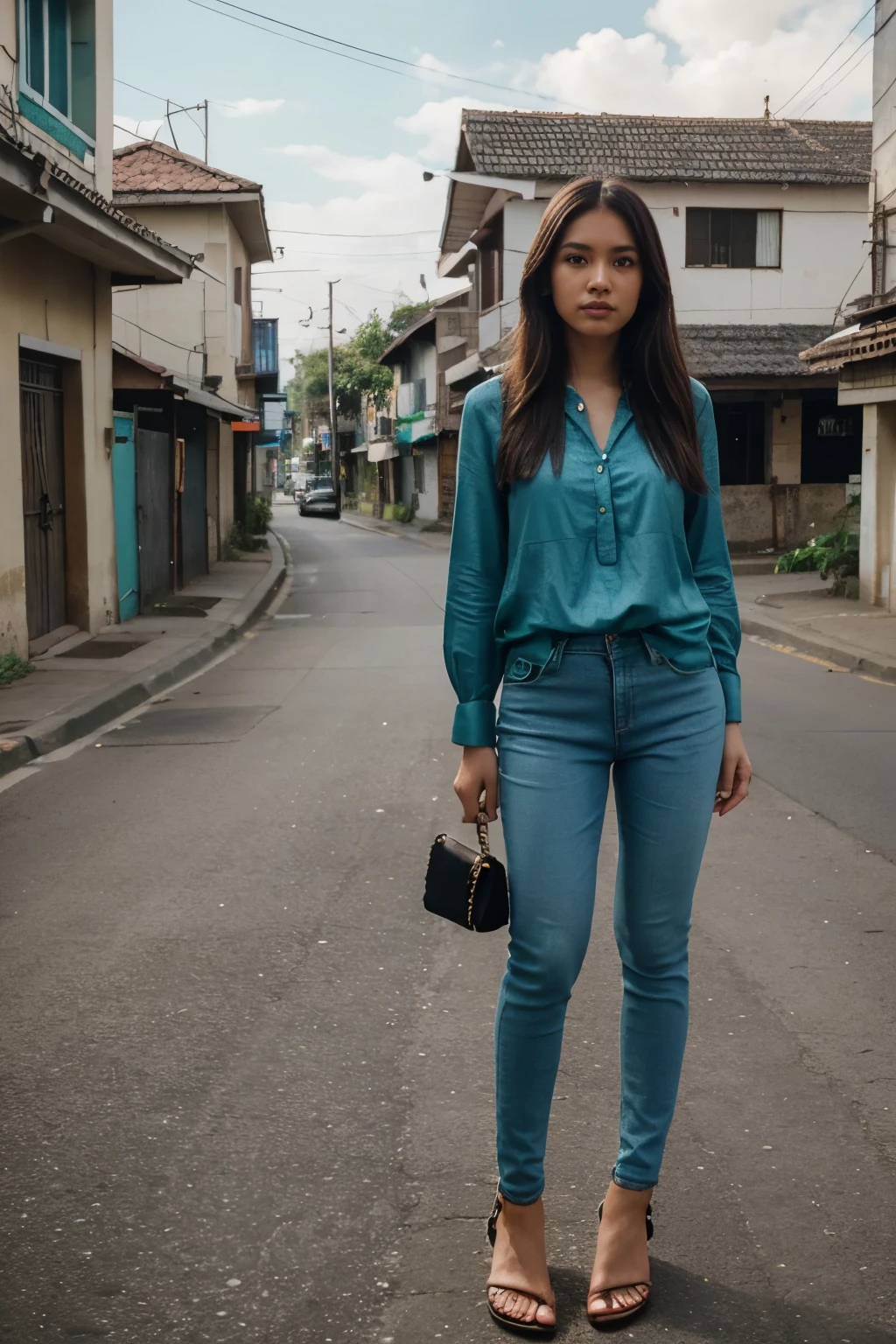 25 years old, a beautiful girl, an indonesian, sky green blouse, old blue skinny jeans, with sandal, standing, beauty, photorealistic, street, likely, loveable, 8k, perspective, black tangled hair