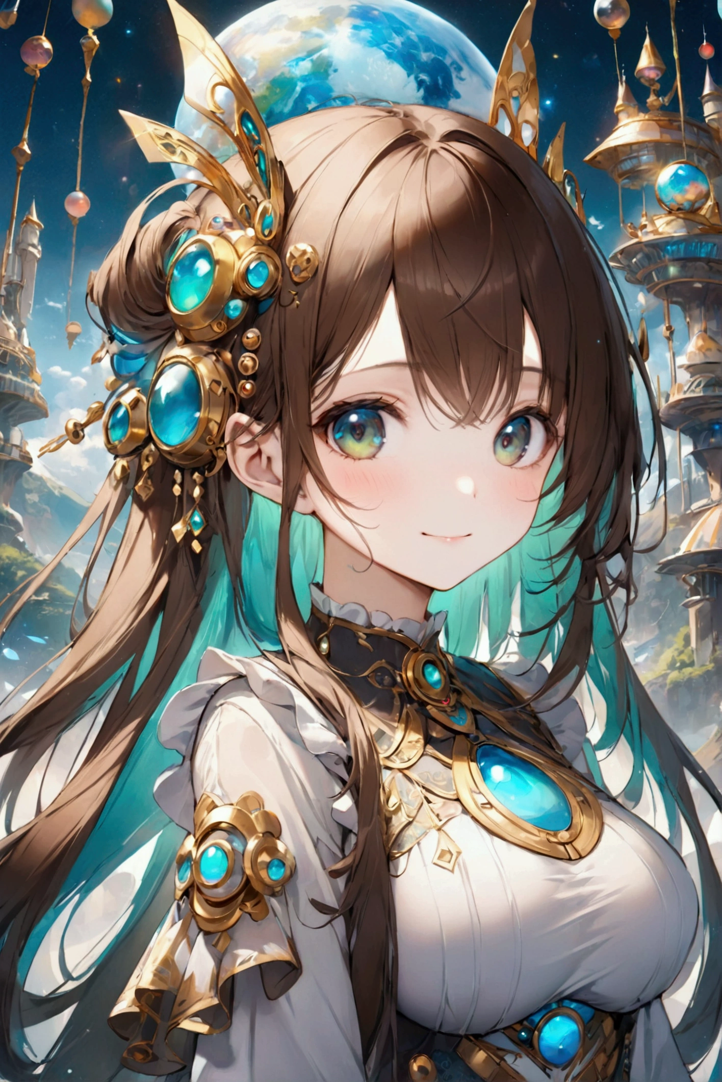 (Highest quality, 8k, 32K, masterpiece, Ultra-high resolution,:1.2),to be born, One Girl,So cute , hair ornaments, eye,Multicolored Hair,Upper Body,Brown Hair,dress, collar, A fantasy background reminiscent of an electronic world, clear, 輝くeye, Age 25 ,Fair skin, Dark green hair girl, Fantasy Clothing, Long Hair, An innocent smile, Large Breasts