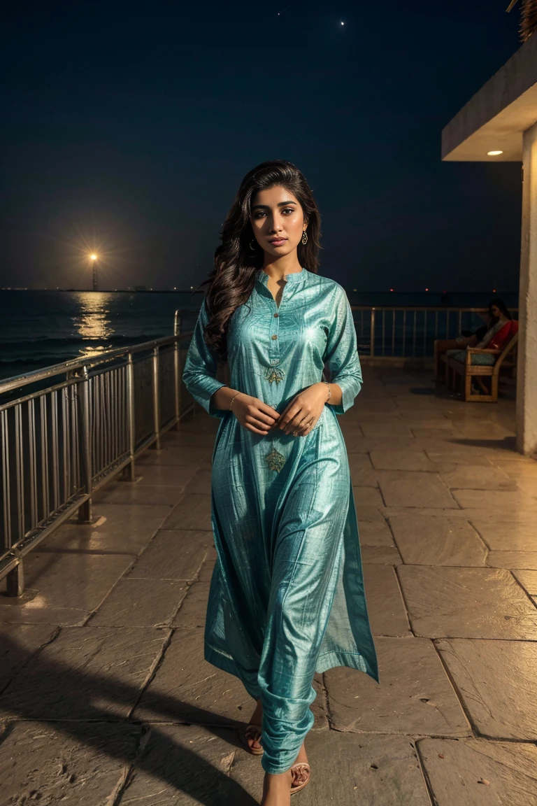 40k, RAW photo, best quality, masterpiece: 1.2), (realistic,
photorealistic: 1.37)A 21 Year solo beautiful Pakistani girl
woman , At Lahore beach side hotels ,GTA vice city vibes,
nightscape .wearing digital printined shalwar kameez dress ,Mehwish Hayat