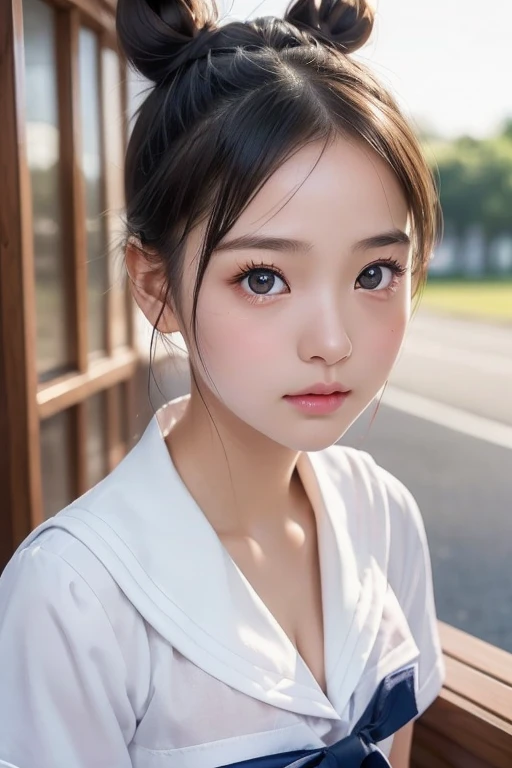 Fox Ears、Japanese women、high school girl、16 years old, Anatomically correct, Perfect Anatomy, very cute, beautiful, (Sailor suit:1.2), ((Embarrassing:1.3)), blush、(classroom、Sitting), (masterpiece、Highest quality:1.3)、Best lighting、High resolution、(8k, High resolution:1.2), (photograph, Realistic:1.2)、The face is in focus、(concentrated, Symmetrical pupils:1.2)、beautiful肌、Natural Makeup、Gloss Lip, High-definition hair texture, (View your audience:1.2), (Hair Bun:1.3), (Multiple Angles:1.2), (Small breasts, Cleavage:1.1), (Hold my chest:1.1)