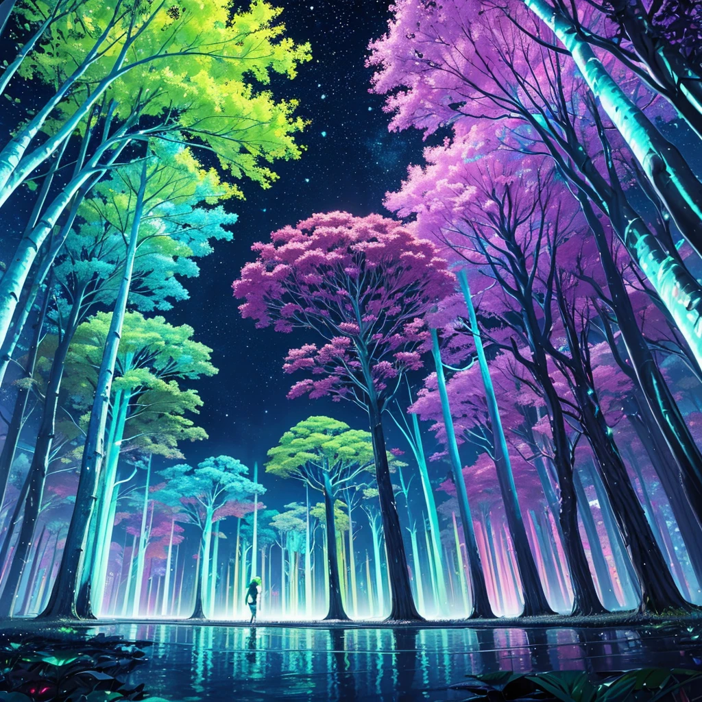 A big place with neon plants like alien style with tribe villages and with big trees in these trees their roots are kind of big neon and the trunk is kind of colorful, com rio passando com uma agua bem clara, When you look at the reflection of the water it gives neon lighting and the sky has colorful clouds (neon rave) neon lights super neon clarity, show wonderful lights wonderful night   multcolor lights animal multcolor neon, radiant, creative ultra rave multcolored, dinasour 
