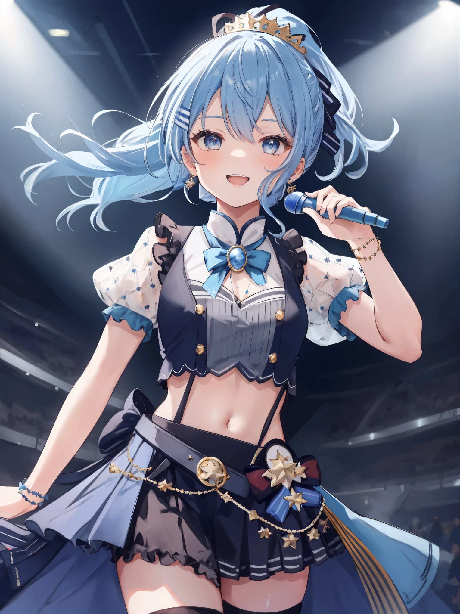 masterpiece, best quality, absurdres, 1girl, solo, Hoshimachi Suisei, light blue hair, blue eyes, happy, smile, parted lips, cowboy shot, sidelocks, ponytail, toned, 
idol, idol clothes, hololive idol uniform, bowtie, blue skirt, brooch, dress, concert, on stage, frilled skirt, jewelry, layered dress, short sleeves, tiara, midriff, thighhighs(,shout:1.5),.(open_mouth:1.3),singing,(angry:0.6), (glare:0.6), idle_live,audience_landscape,light up_girl,solo,shiny_effects,smile。joy,happy,