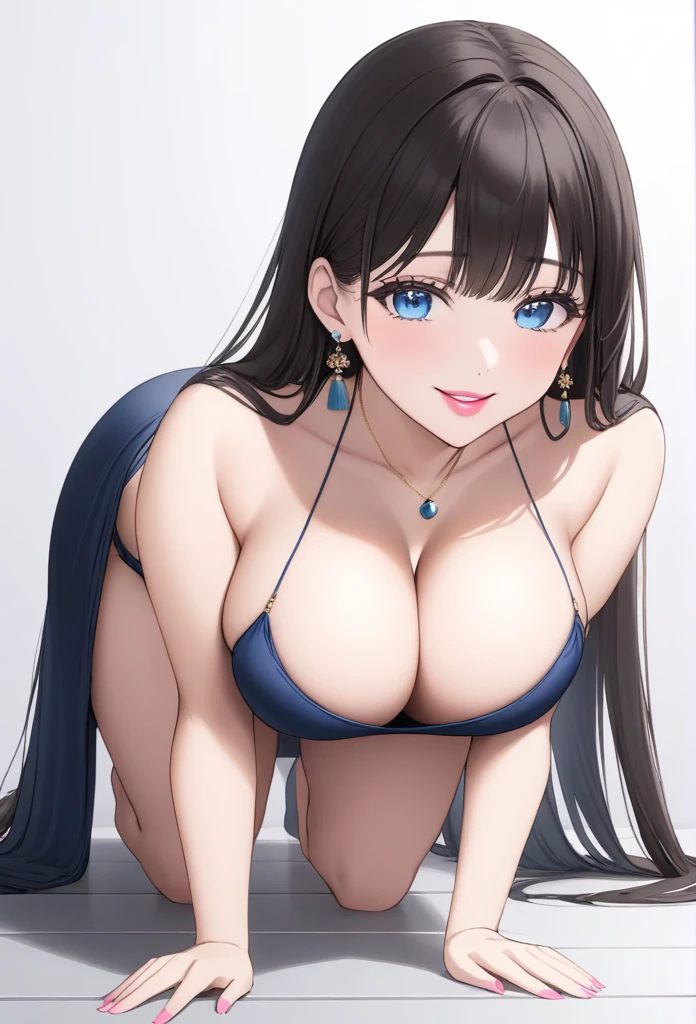 High quality, Japanese, Female, Dark hair, Long hair, Underwear, Big , On all fours, Smiling,background white wall big breasts, jhumka earrings,makeup,pink lipstick,blue eyes, necklace 