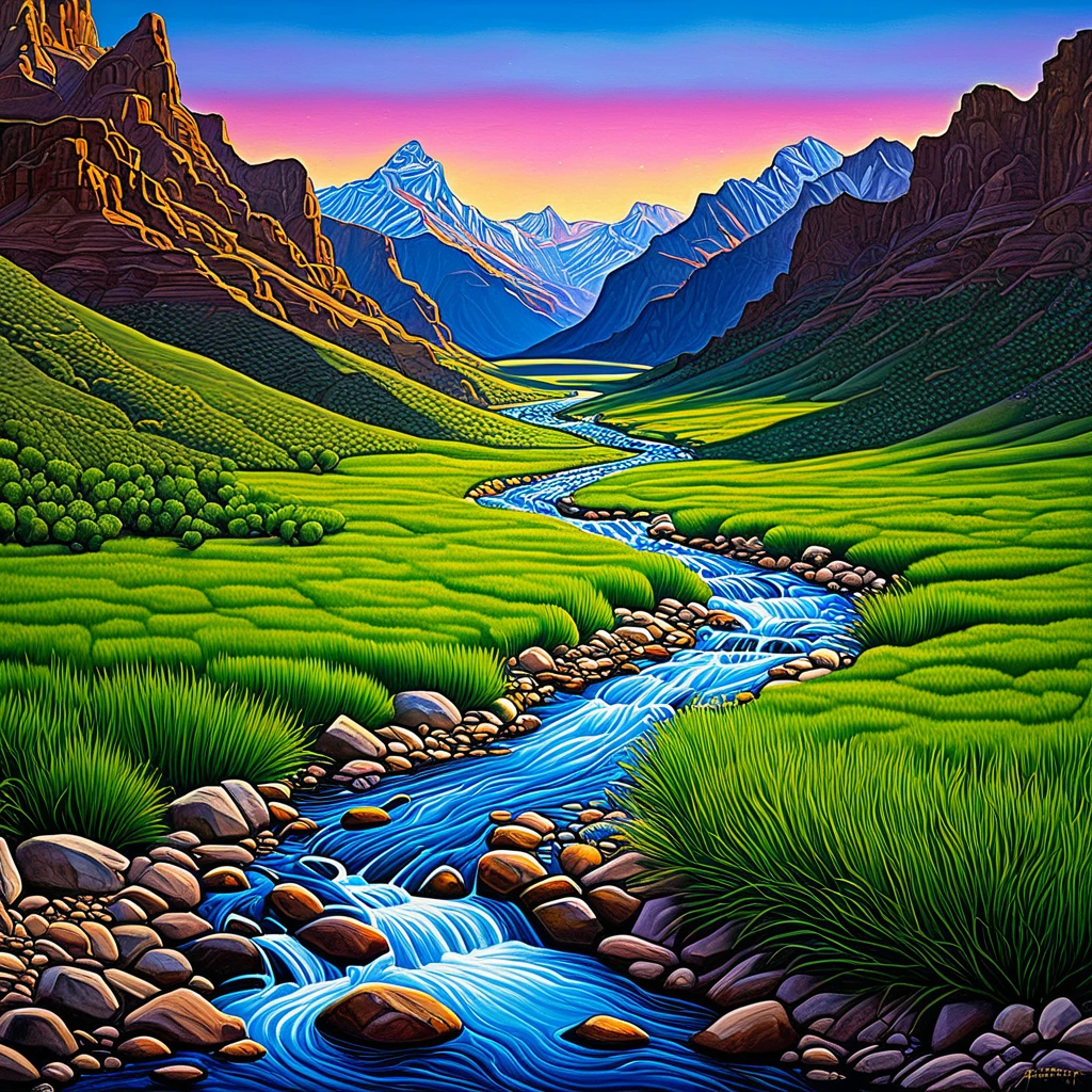 a painting of a mountain stream running through a valley, detailed 4 k oil painting, by Don Reichert, detailed dreamscape, 2 0 2 1 award winning painting, 2021 award winning painting, psychedelic landscape, mysterious canyon streams, by Jason Benjamin, 2 0 2 0 award winning painting, highly detailed 4 k painting, inspired by the Brothers Hildebrandt