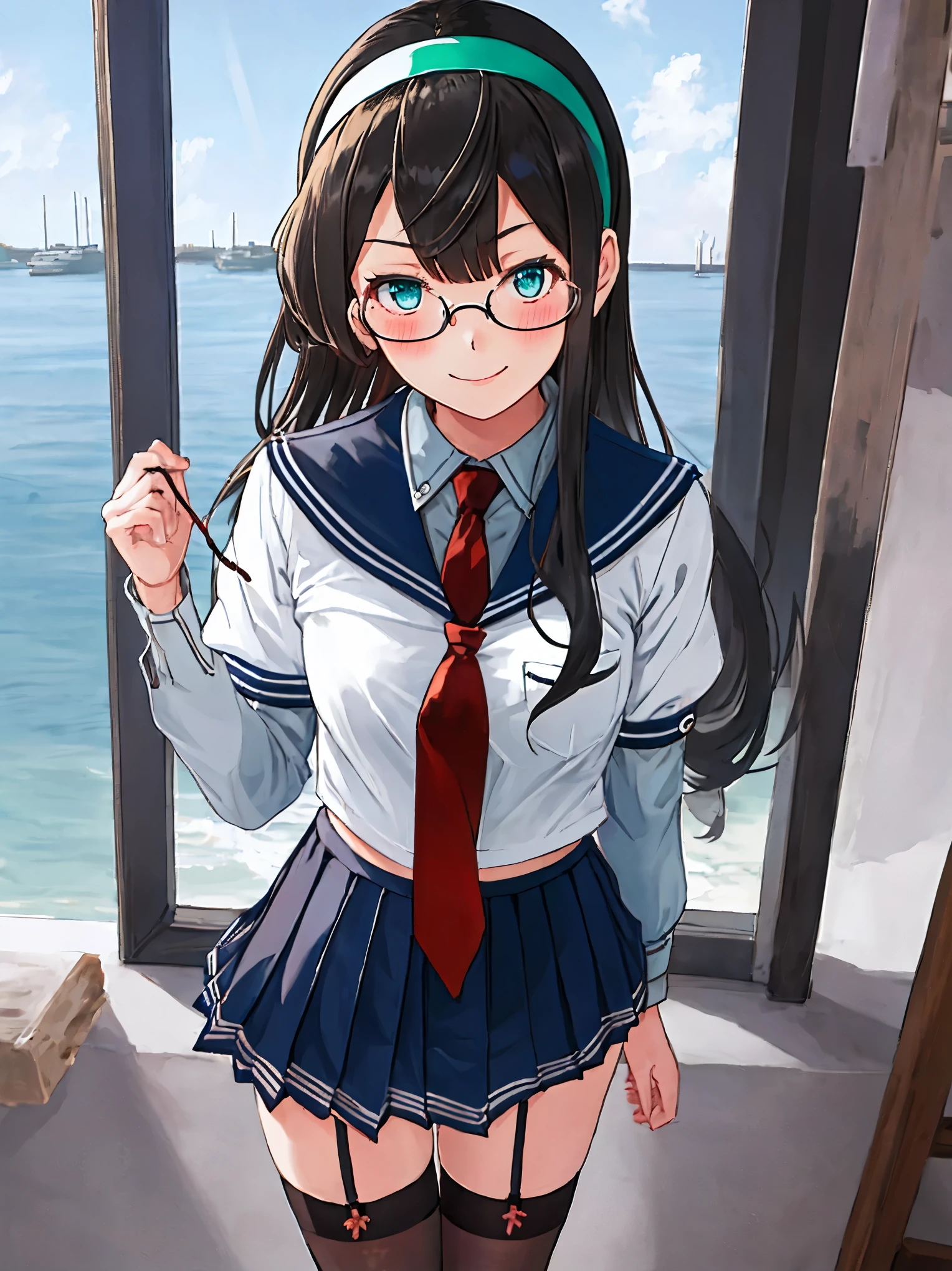 best quality, masterpiece, highres, solo, {ooyodo_kantaicollection:1.15}, black_hair, long_hair, glasses, hairband, semi-rimless_eyewear, under-rim_eyewear, blue_eyes, green_eyes, blush,small_breasts, 1girl, school_uniform, serafuku, pleats_skirt, looking_at_viewer, necktie, harbor_town_background, red_necktie,(angry:0.7),smile,,thigh-highs,solo