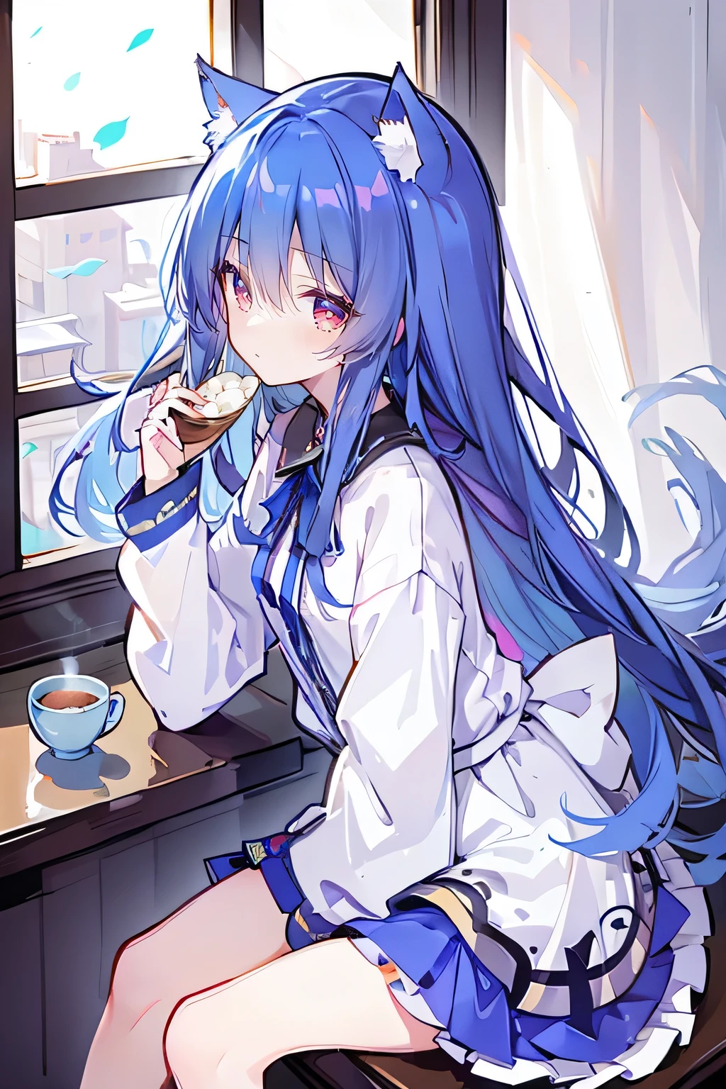 (Masterpiece:1.2)，Ultra-detailed，lifelike，The eyes are expressive，Fair skin，Perfect face shape，1 girl，
Japanese Manga，Gorgeous blue hair，Flowing blue hair，Flowing clothes，Cat ears，Petals falling，Beautiful Lola，little angel，
Cross your legs，Gentle and peaceful background，Smile，Wearing a sweatshirt，Tokyo background，background，heavy snow，冬天 on window sill drinking coffee and looking out the window