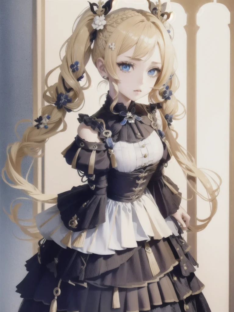 hair ornament, extreme details, twintails, masterpiece, genshin_impact,blue_eyes,blonde_hair,barbara \(genshin impact\)