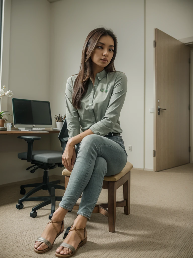 25 years old, a beautiful girl, an indonesian, celtic green shirt, light grey skinny jeans, with sandal, sitting, beauty, photorealistic, office, likely, loveable, 8k, perspective