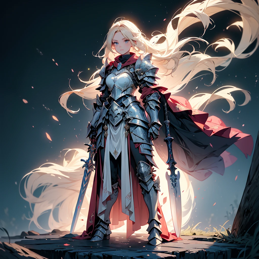 Design a layout showcase Gaming character, (1girl). Golden+Purle full body armor, stylish and unique, ((showcase weapon:1.4)), magic staff, (masterpiece:1.2), (best quality), 4k, ultra-detailed, (Step by step design, layout art:1.5), (luminous lighting, atmospheric lighting), magican, ((glove full hands)), (((revealing armor:1.3))), vambraces, armored legwear, (((full_body_shot:1.4)))