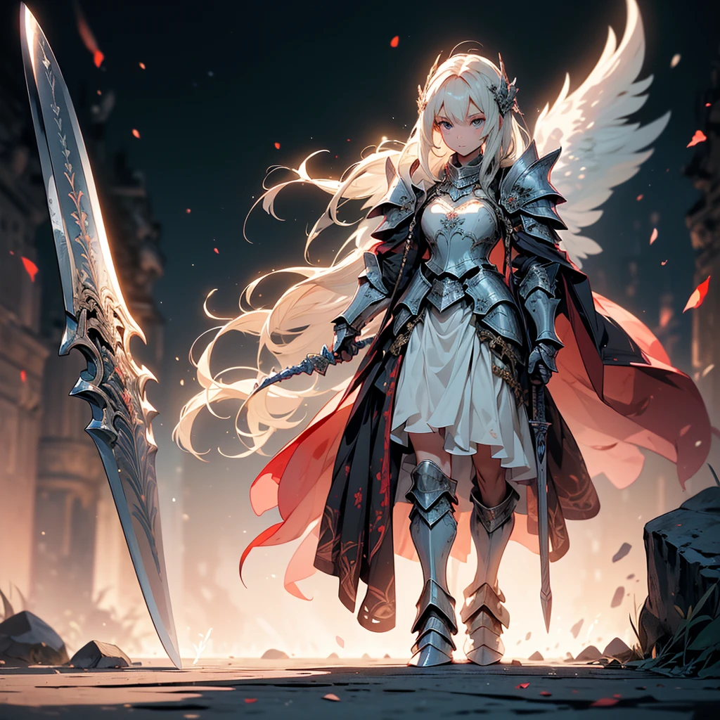 Design a layout showcase Gaming character, (1girl). Golden+Purle full body armor, stylish and unique, ((showcase weapon:1.4)), magic staff, (masterpiece:1.2), (best quality), 4k, ultra-detailed, (Step by step design, layout art:1.5), (luminous lighting, atmospheric lighting), magican, ((glove full hands)), (((revealing armor:1.3))), vambraces, armored legwear, (((full_body_shot:1.4)))
