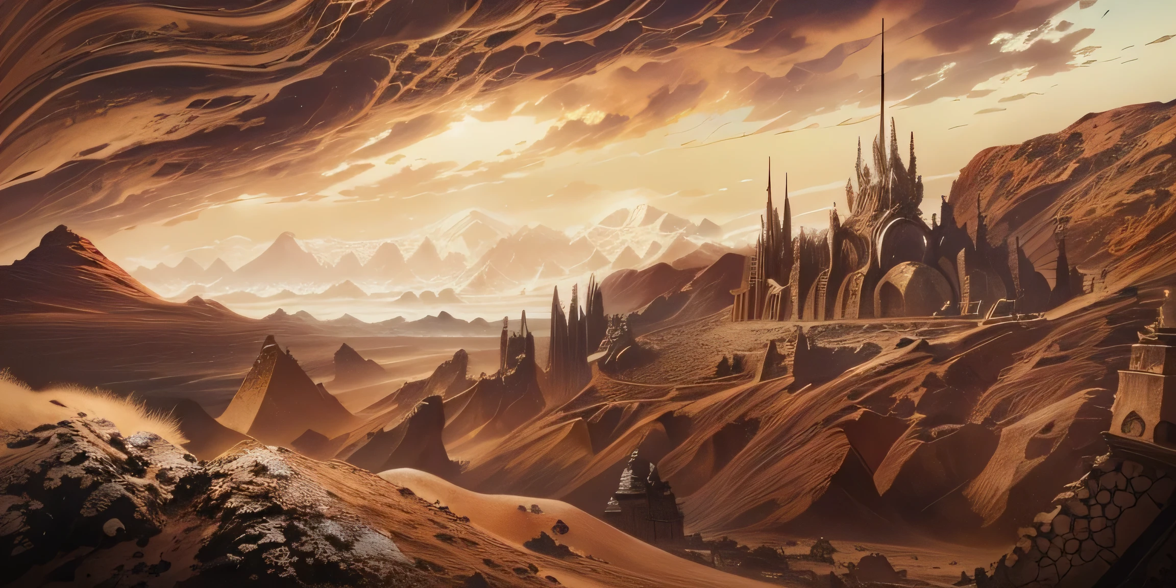 artwork, elden ring art style, sand and rock, city in the distance
