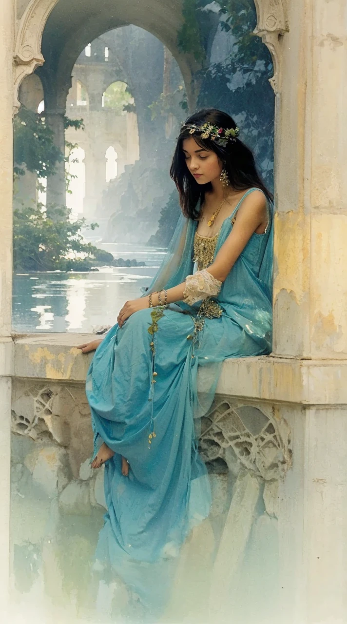 Young girl sitting in front of a lake
