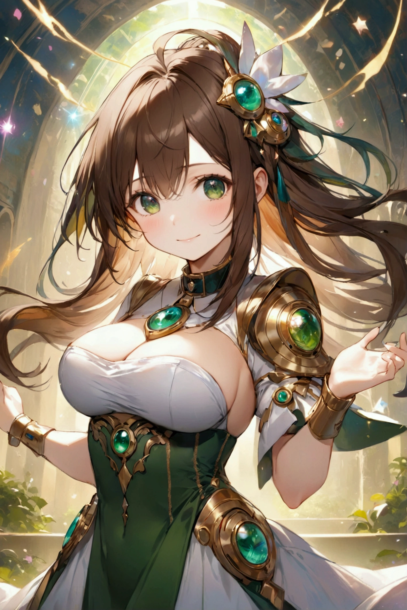 (Highest quality, 8k, 32K, masterpiece, Ultra-high resolution,:1.2),to be born, One Girl,So cute , hair ornaments, eye,Multicolored Hair,Upper Body,Brown Hair,dress, collar, A fantasy background reminiscent of an electronic world, clear, 輝くeye, Age 25 ,Fair skin, Dark green hair girl, Fantasy Clothing, Long Hair, An innocent smile, Large Breasts, Magical Girl, Uses magic, Fighting