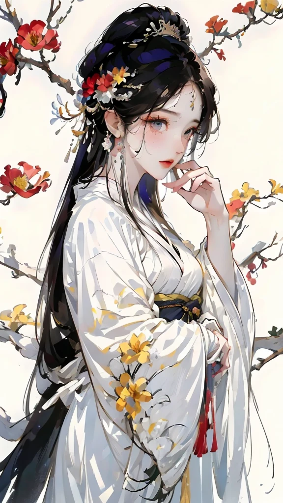Masterpiece, Best quality, 8k, Cinematic light, Ultra-high resolution, Chinese painting, 1girll, 独奏, flower, hair adornments, White background, Black hair, hair flower, Chinese art, Hanfu, branch, Long hair, sash, Upper body, Chinese clothes, jewelry, Long sleeves, Earrings, flowering branch,
