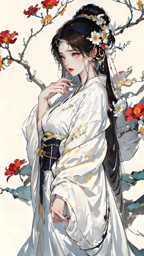 Masterpiece, Best quality, 8k, Cinematic light, Ultra-high resolution, Chinese painting, 1girll, 独奏, flower, hair adornments, White background, Black hair, hair flower, Chinese art, Hanfu, branch, Long hair, sash, Upper body, Chinese clothes, jewelry, Long sleeves, Earrings, flowering branch,